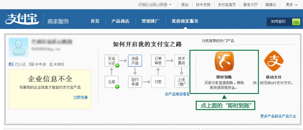 支付寶即時(shí)到賬申請示意圖截圖